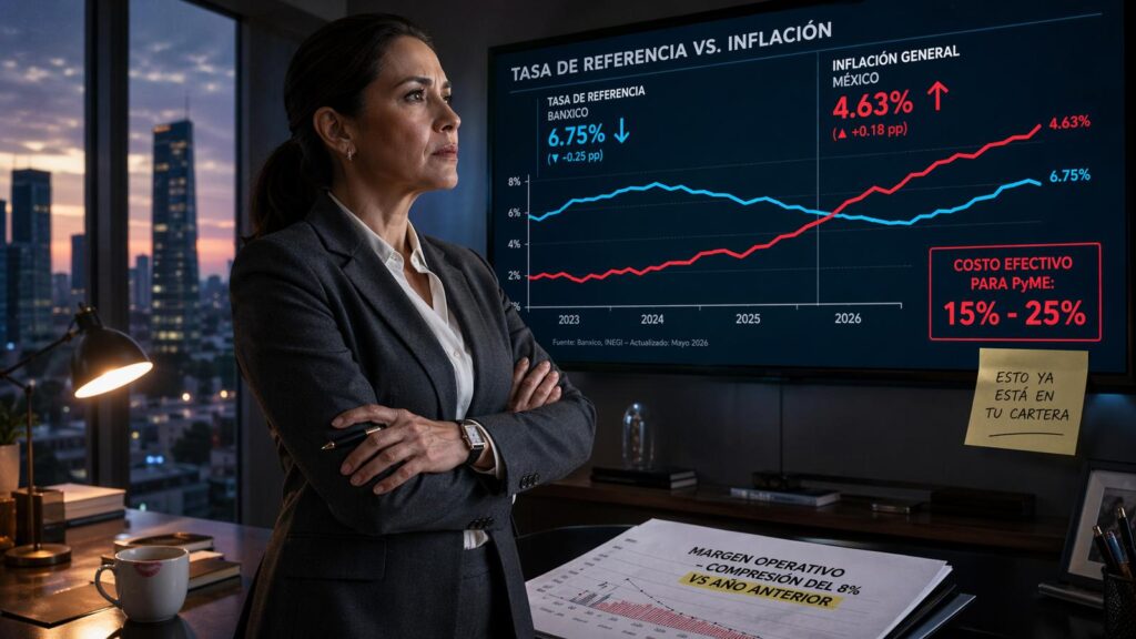 Ejecutivo monitorea dashboard de riesgo con 342 clientes activos, cartera vencida con tendencia a la baja del 28% y alerta de cliente verificado sin riesgos en pantalla de celular