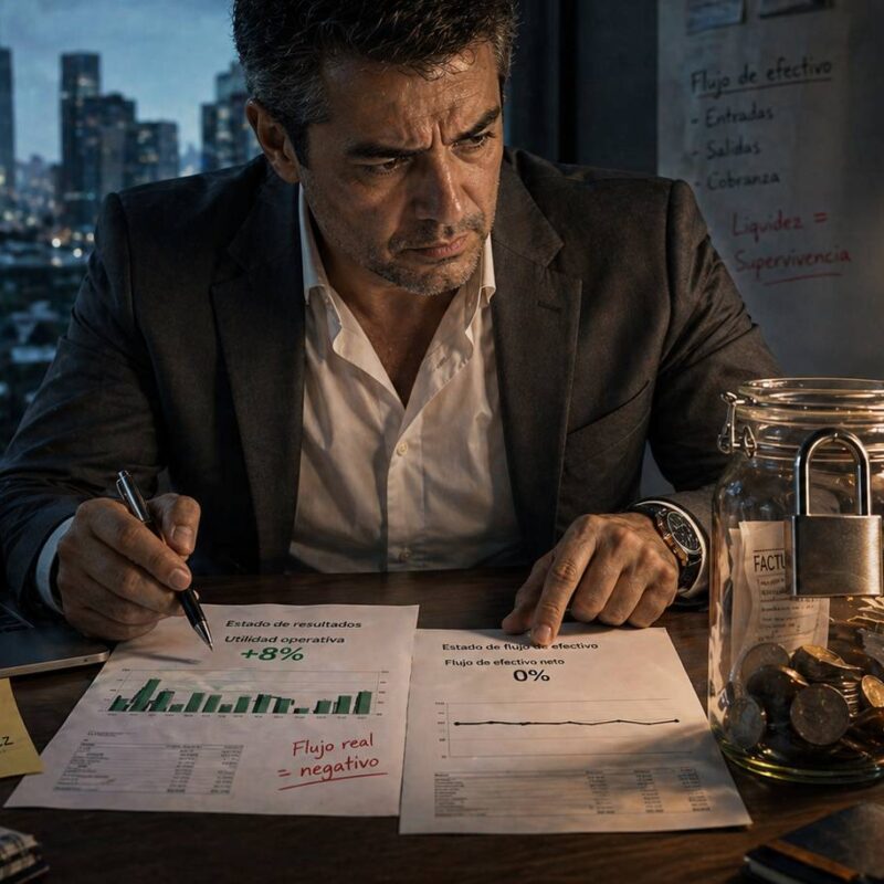 Director financiero analiza diferencia entre facturación y cobro real en empresa B2B con problemas de flujo de efectivo en México 2026
