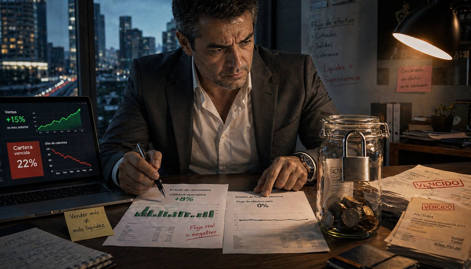 Director financiero analiza diferencia entre facturación y cobro real en empresa B2B con problemas de flujo de efectivo en México 2026
