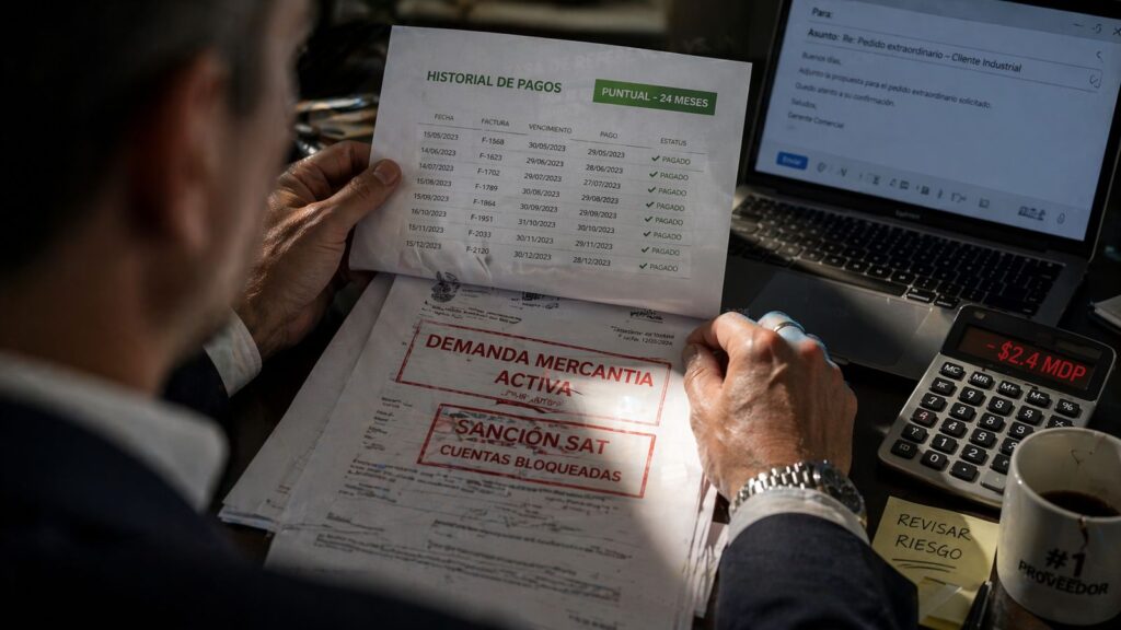 Directora financiera analiza gráfica de tasa de referencia Banxico 6.75% vs inflación 4.63% para gestionar cartera vencida B2B en México 2026