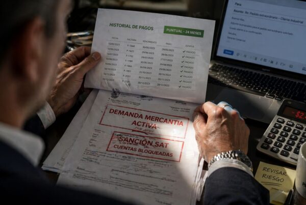 Directora financiera analiza gráfica de tasa de referencia Banxico 6.75% vs inflación 4.63% para gestionar cartera vencida B2B en México 2026