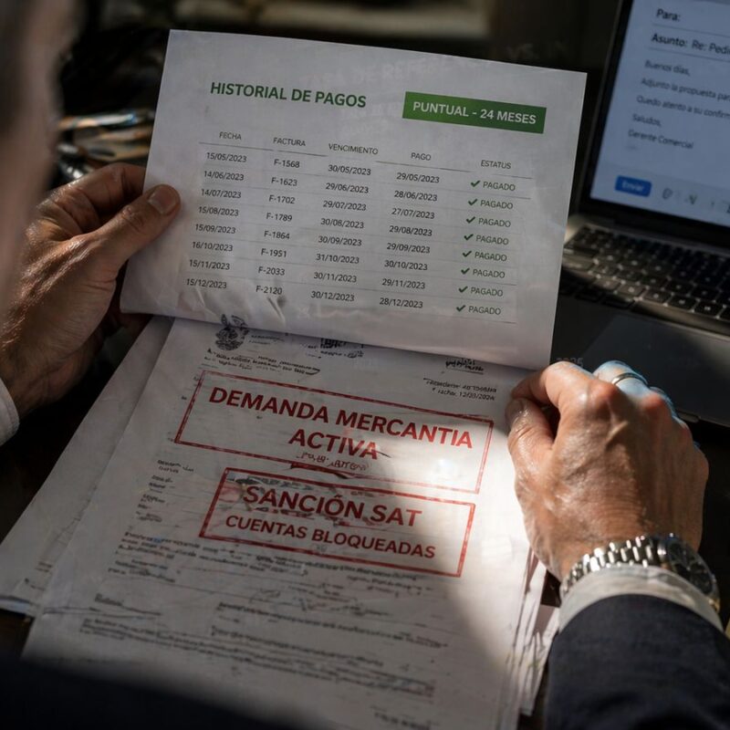 Directora financiera analiza gráfica de tasa de referencia Banxico 6.75% vs inflación 4.63% para gestionar cartera vencida B2B en México 2026