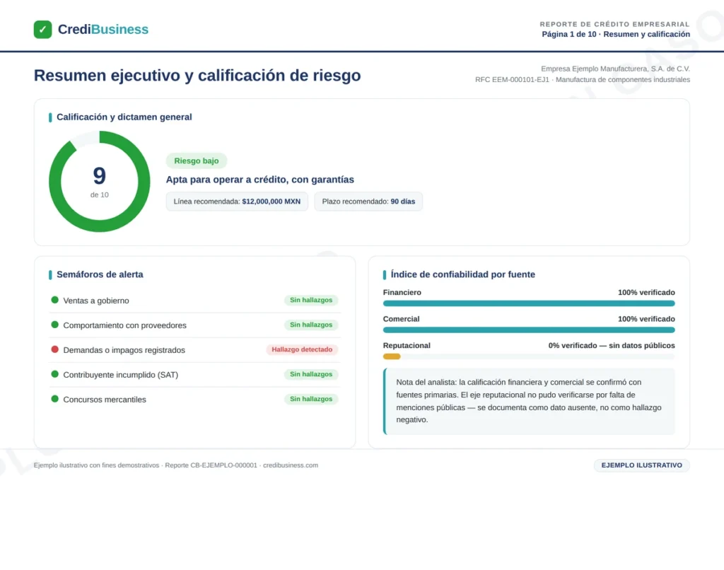 Ejemplo de reporte de crédito empresarial – Resumen y calificación (ejemplo ilustrativo)
