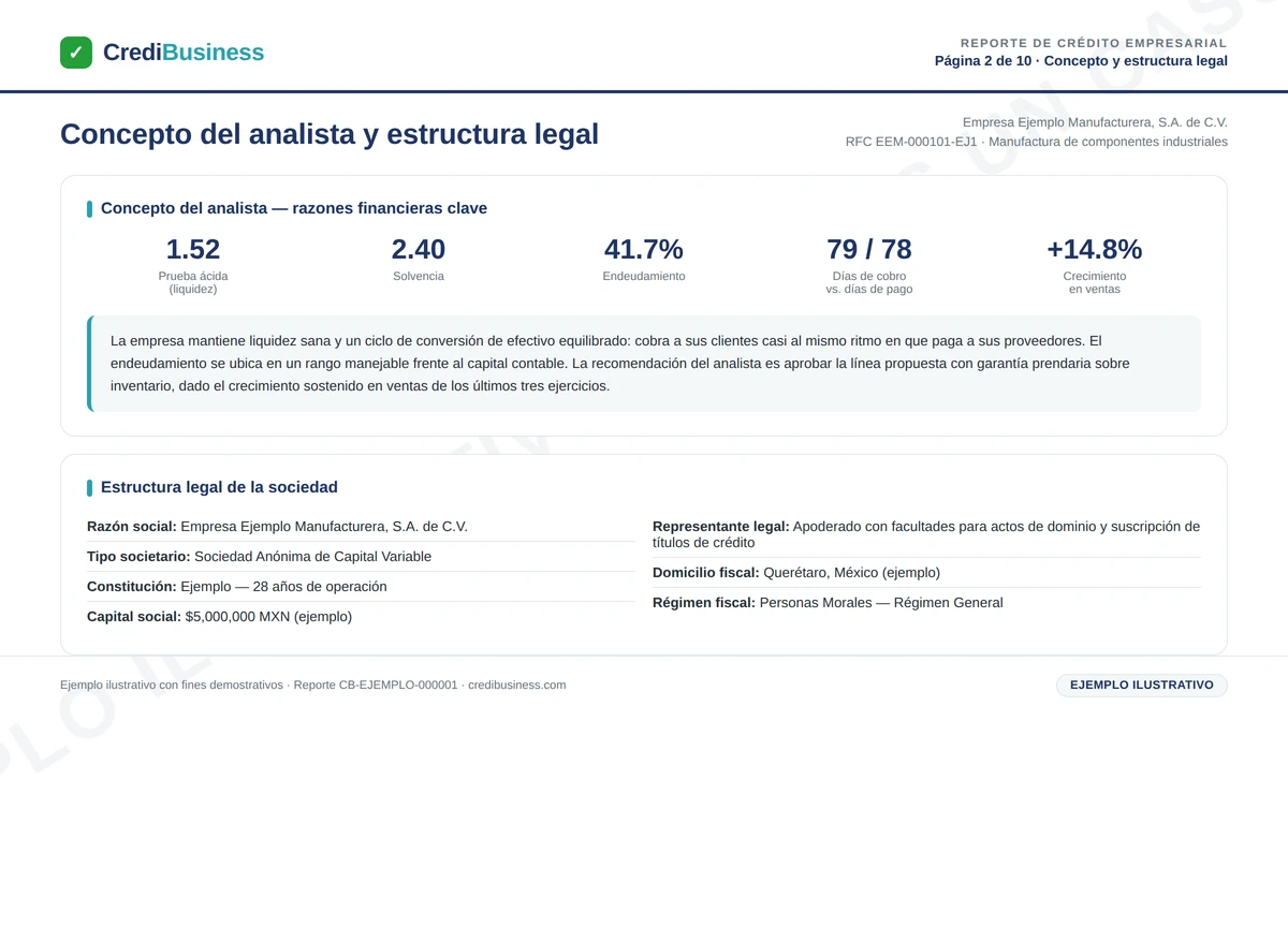 Ejemplo de reporte de crédito empresarial – Concepto y estructura legal (ejemplo ilustrativo)