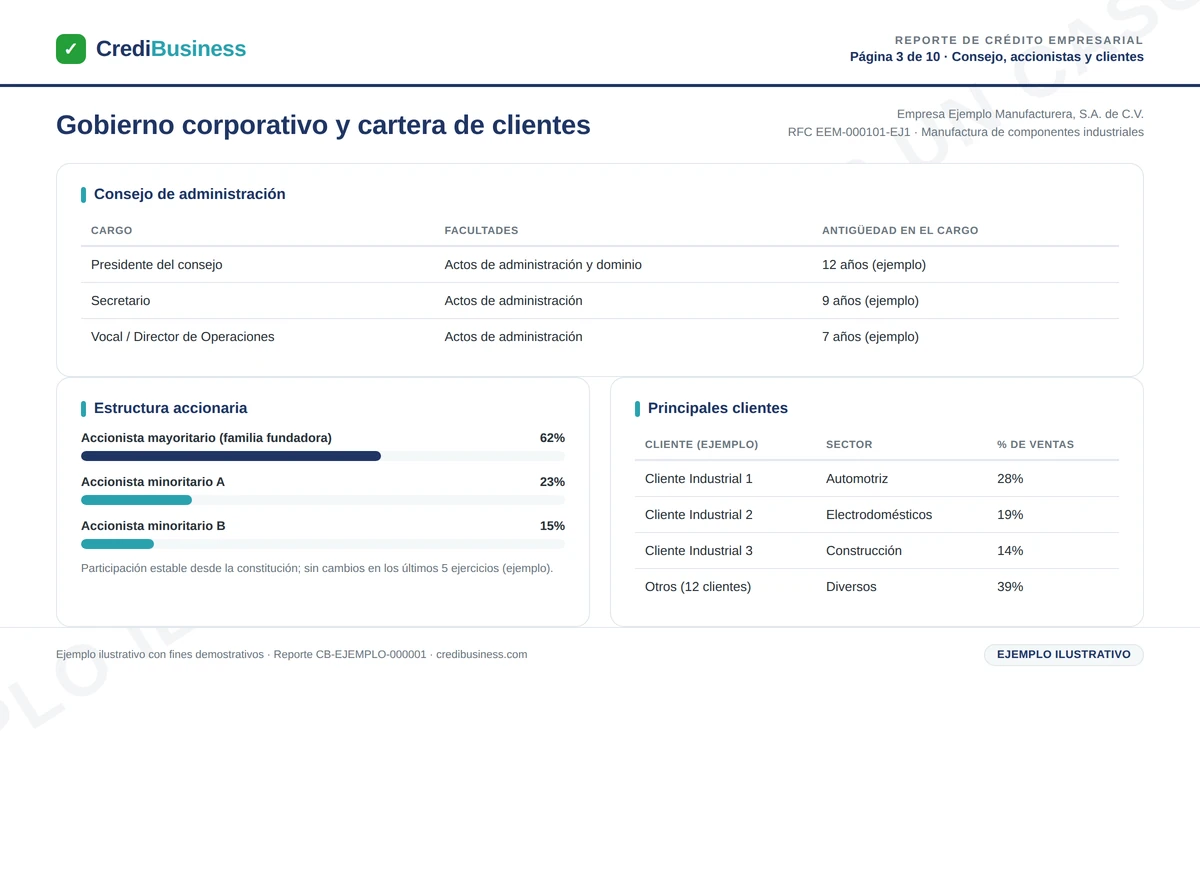 Ejemplo de reporte de crédito empresarial – Consejo, accionistas y clientes (ejemplo ilustrativo)