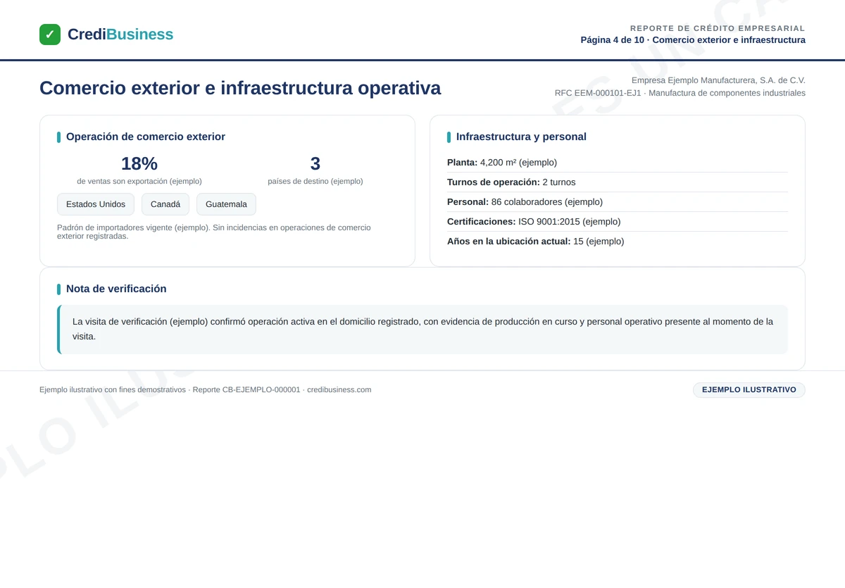 Ejemplo de reporte de crédito empresarial – Comercio exterior e infraestructura (ejemplo ilustrativo)