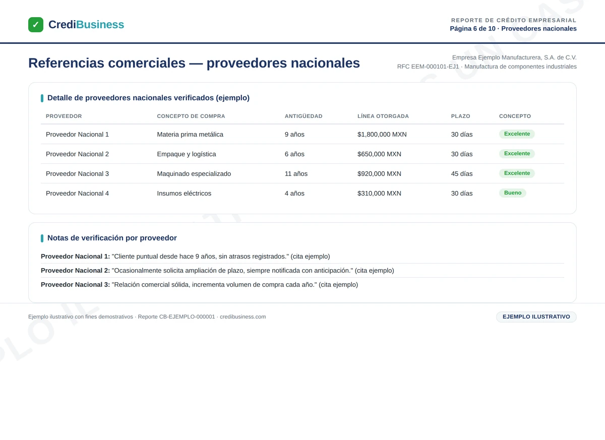 Ejemplo de reporte de crédito empresarial – Proveedores nacionales (ejemplo ilustrativo)