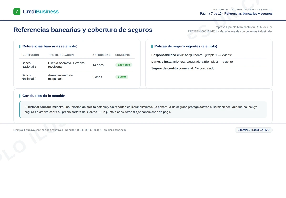 Ejemplo de reporte de crédito empresarial – Referencias bancarias y seguros (ejemplo ilustrativo)