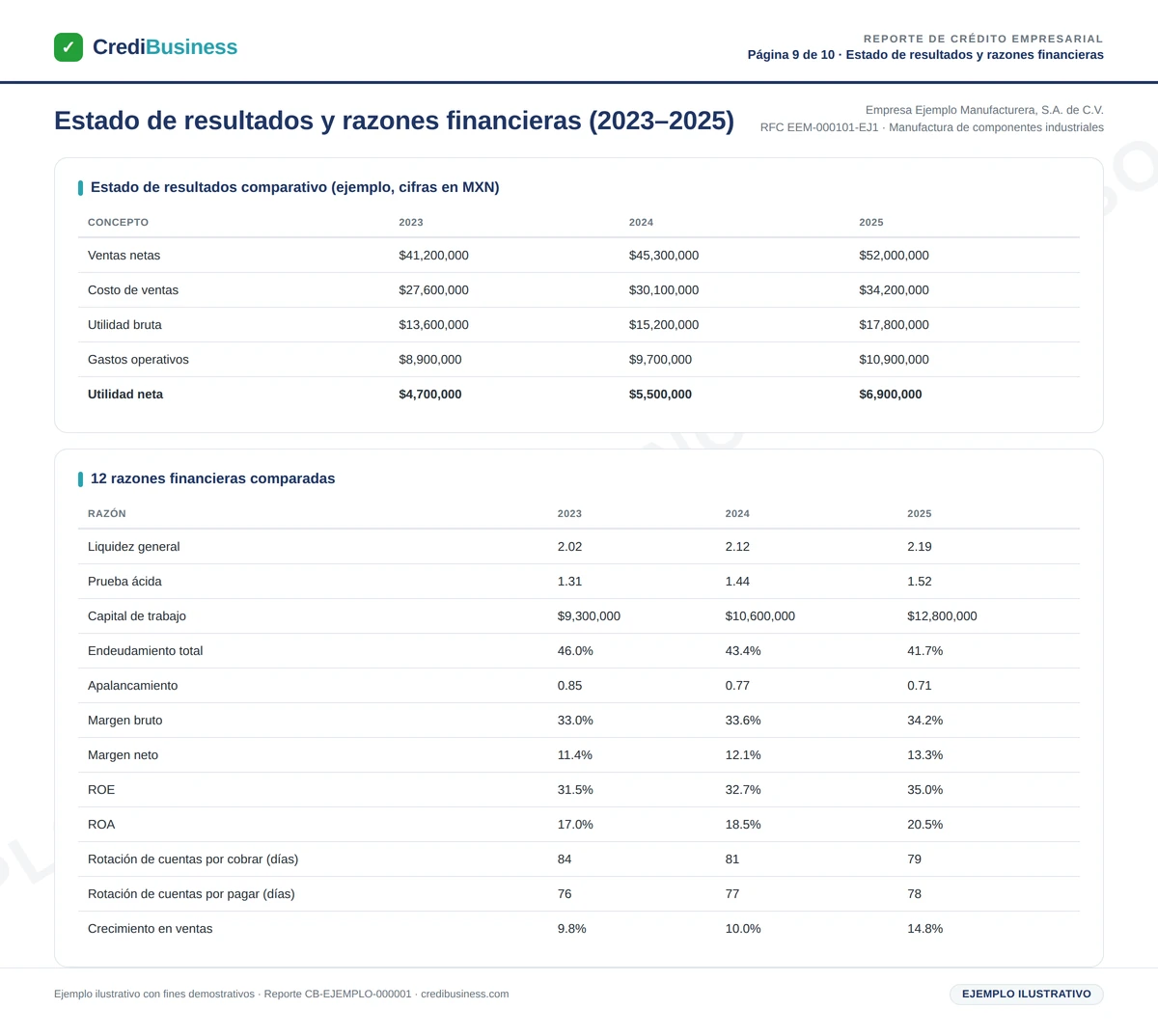Ejemplo de reporte de crédito empresarial – Estado de resultados y razones financieras (ejemplo ilustrativo)